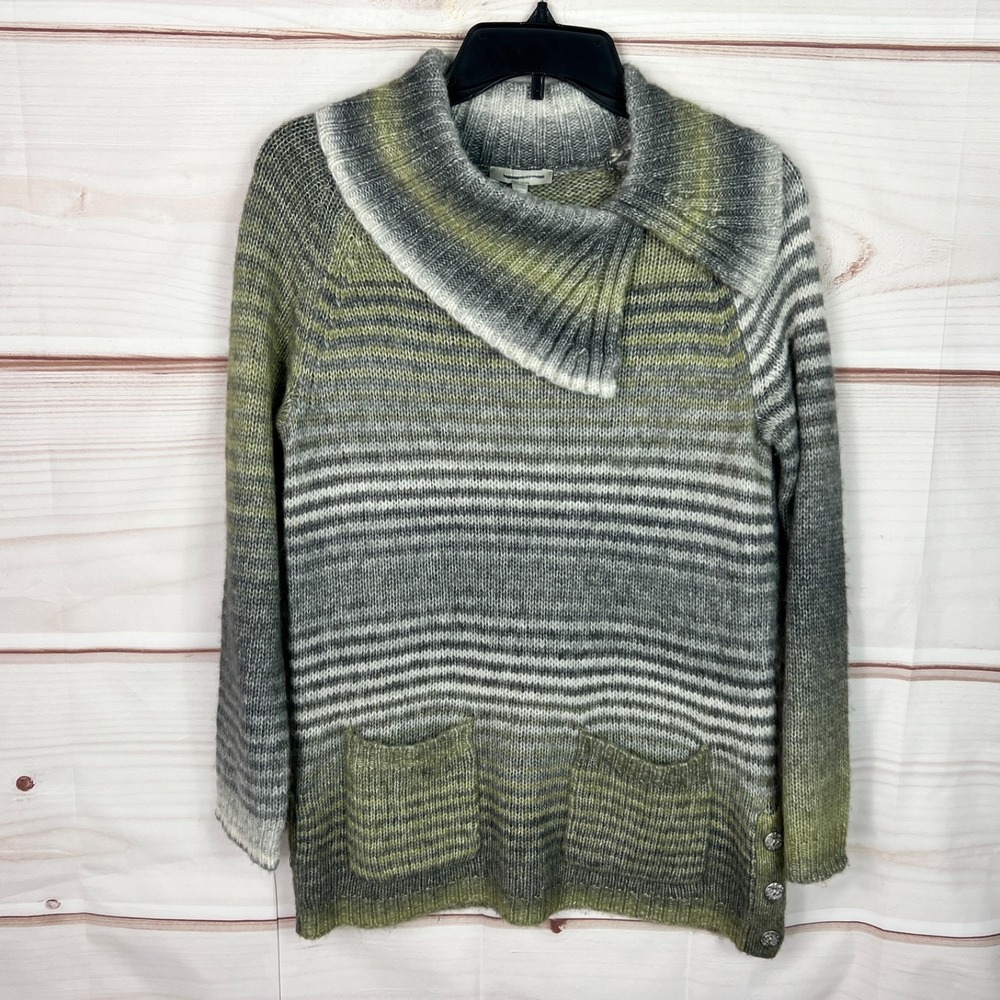 Yarra Trail Sweater Womens PS Blue Green Stripe Pullover Tunic Collar Wool Blend
